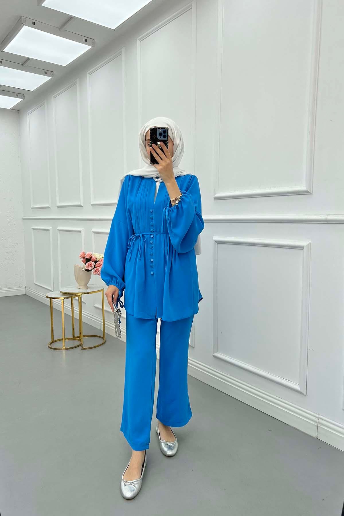 Sare Fashion Button Detailed Pleated Suit Blue