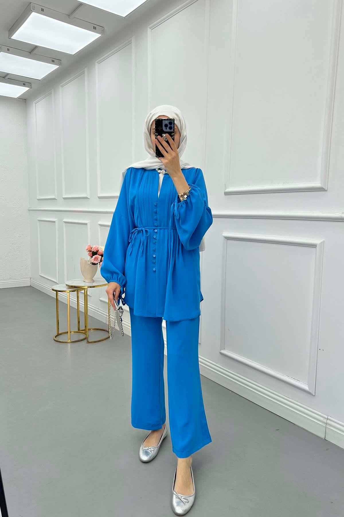 Sare Fashion Button Detailed Pleated Suit Blue
