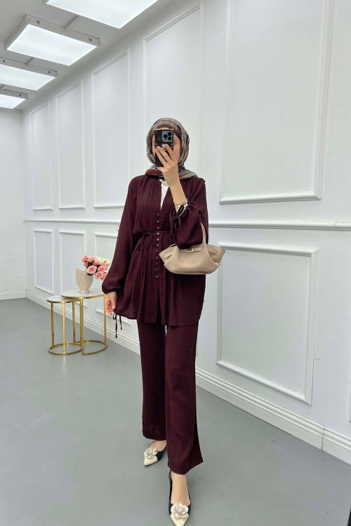 Sare Fashion Button Detailed Pleated Suit Plum