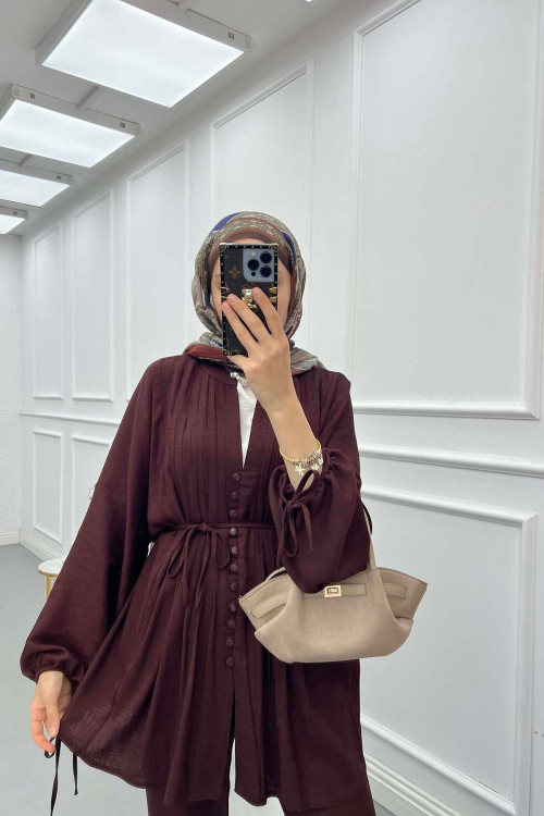 Sare Fashion Button Detailed Pleated Suit Plum