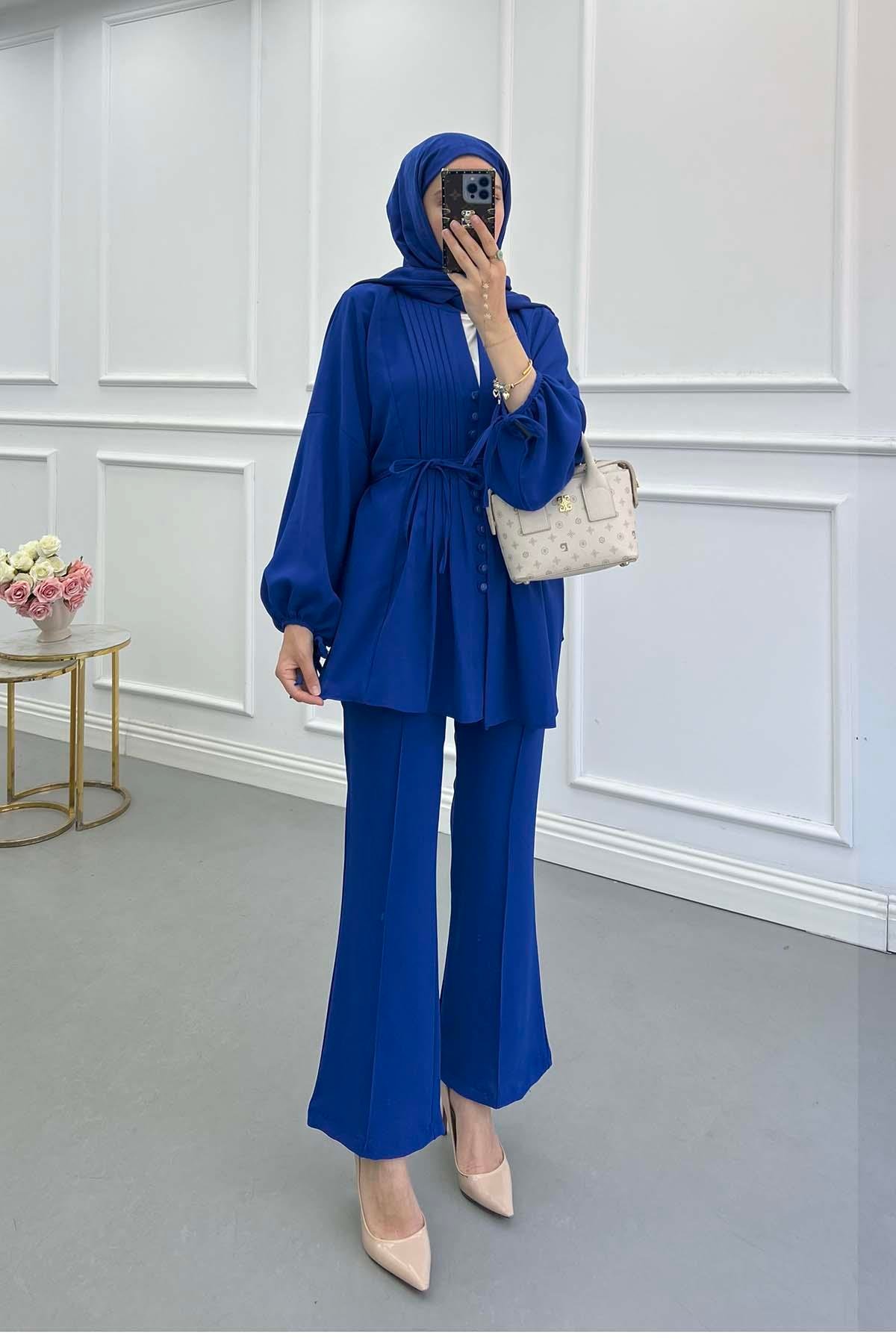 Sare Fashion Button Detailed Pleated Suit Saxe Blue
