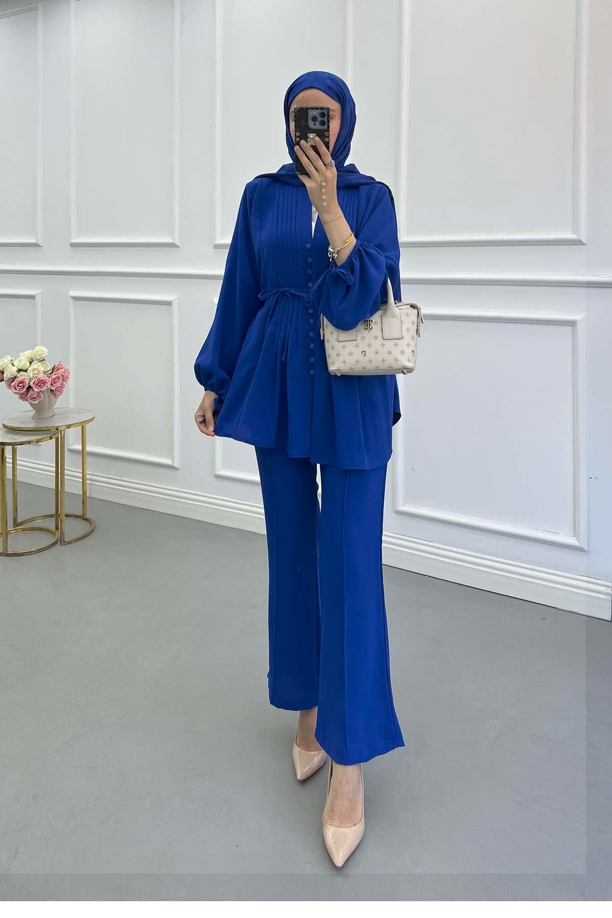 Sare Fashion Button Detailed Pleated Suit Saxe Blue