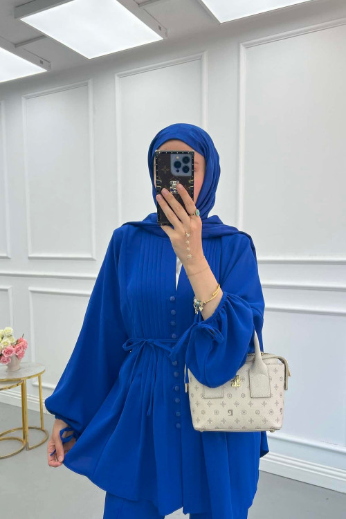Sare Fashion Button Detailed Pleated Suit Saxe Blue