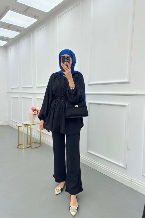 Sare Fashion Button Detailed Pleated Suit Black