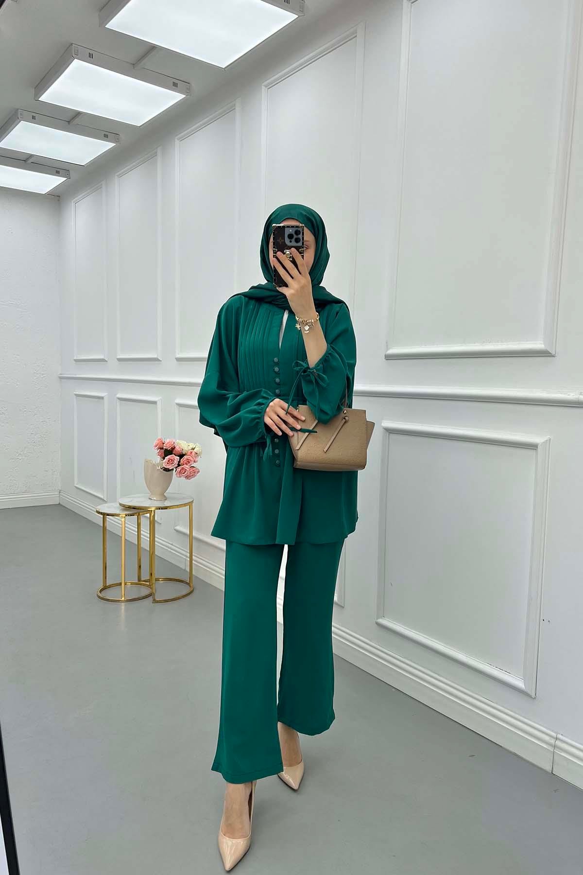 Sare Fashion Button Detailed Pleated Suit Emerald Green