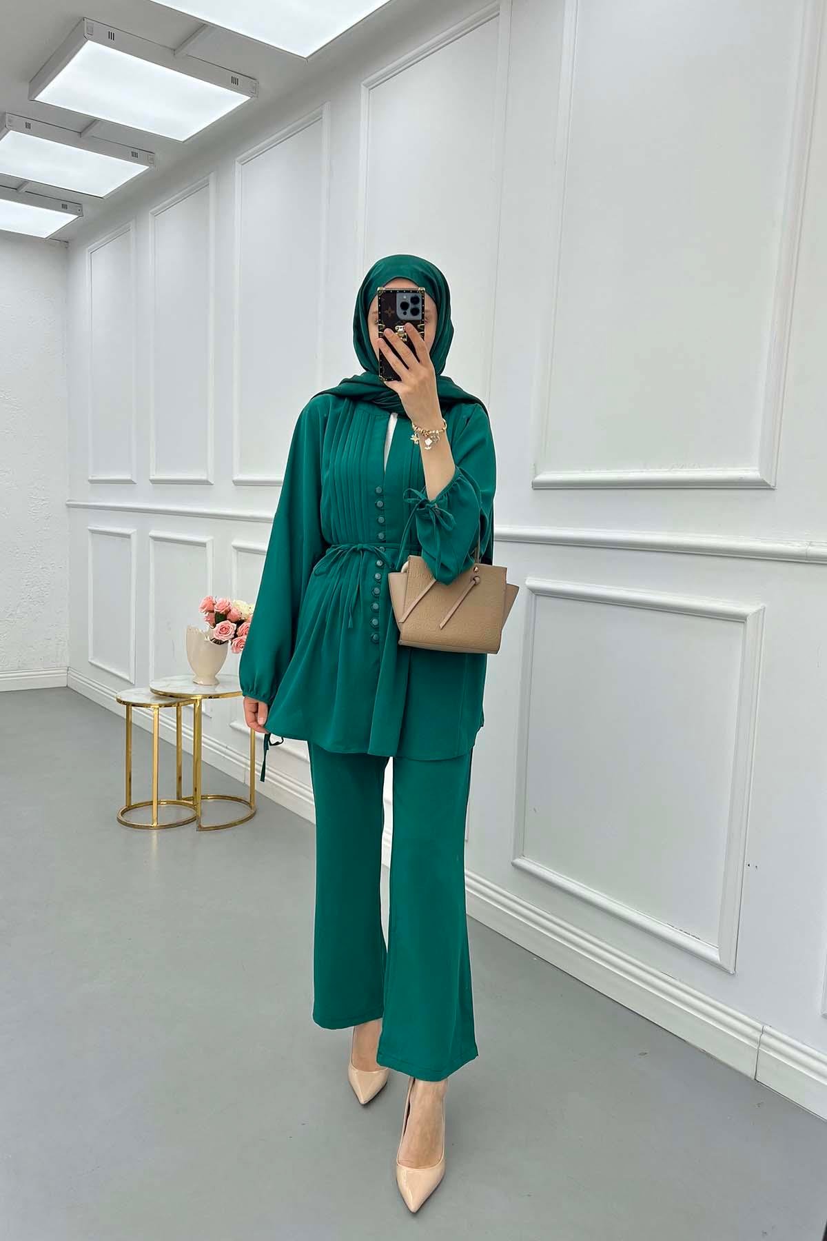 Sare Fashion Button Detailed Pleated Suit Emerald Green