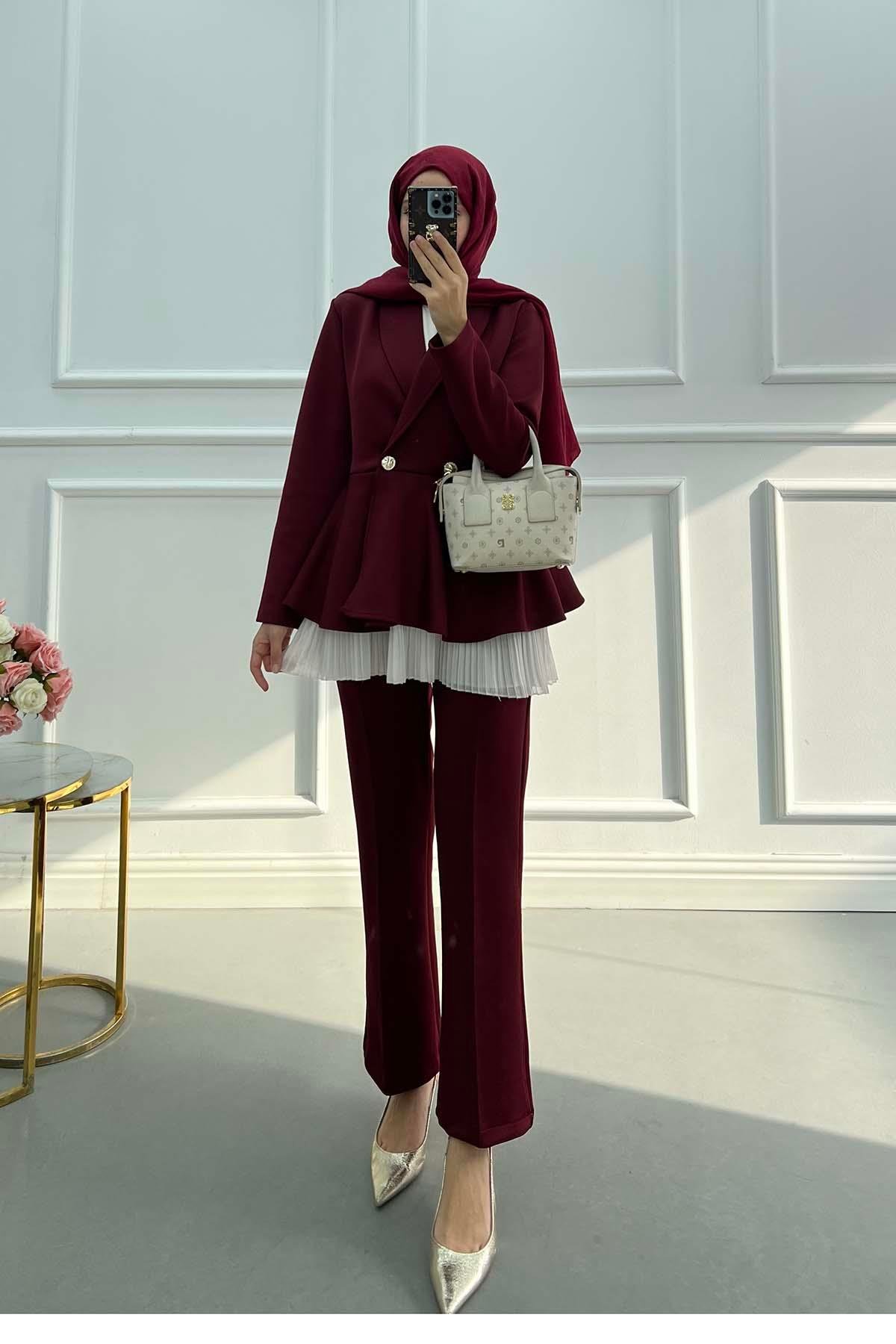 Sare Fashion Button Detailed Scuba Suit Claret Red