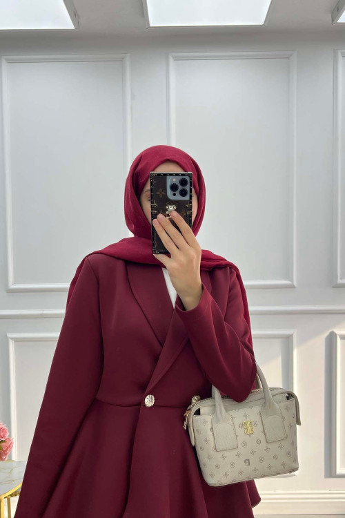 Sare Fashion Button Detailed Scuba Suit Claret Red