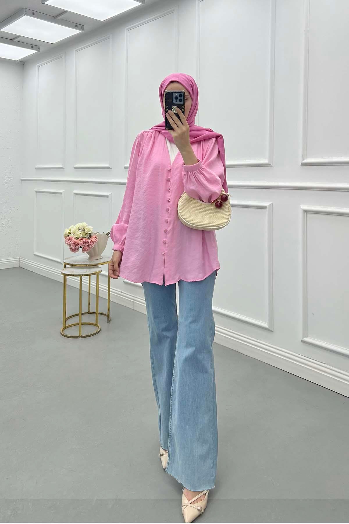 Sare Fashion Button Detailed Tencel Shirt Pink