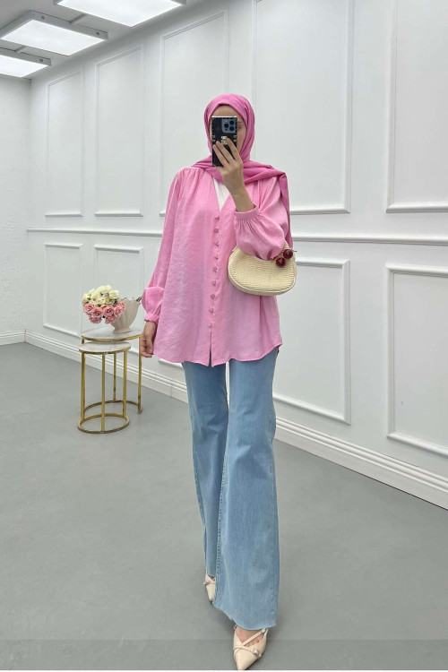 Sare Fashion Button Detailed Tencel Shirt Pink