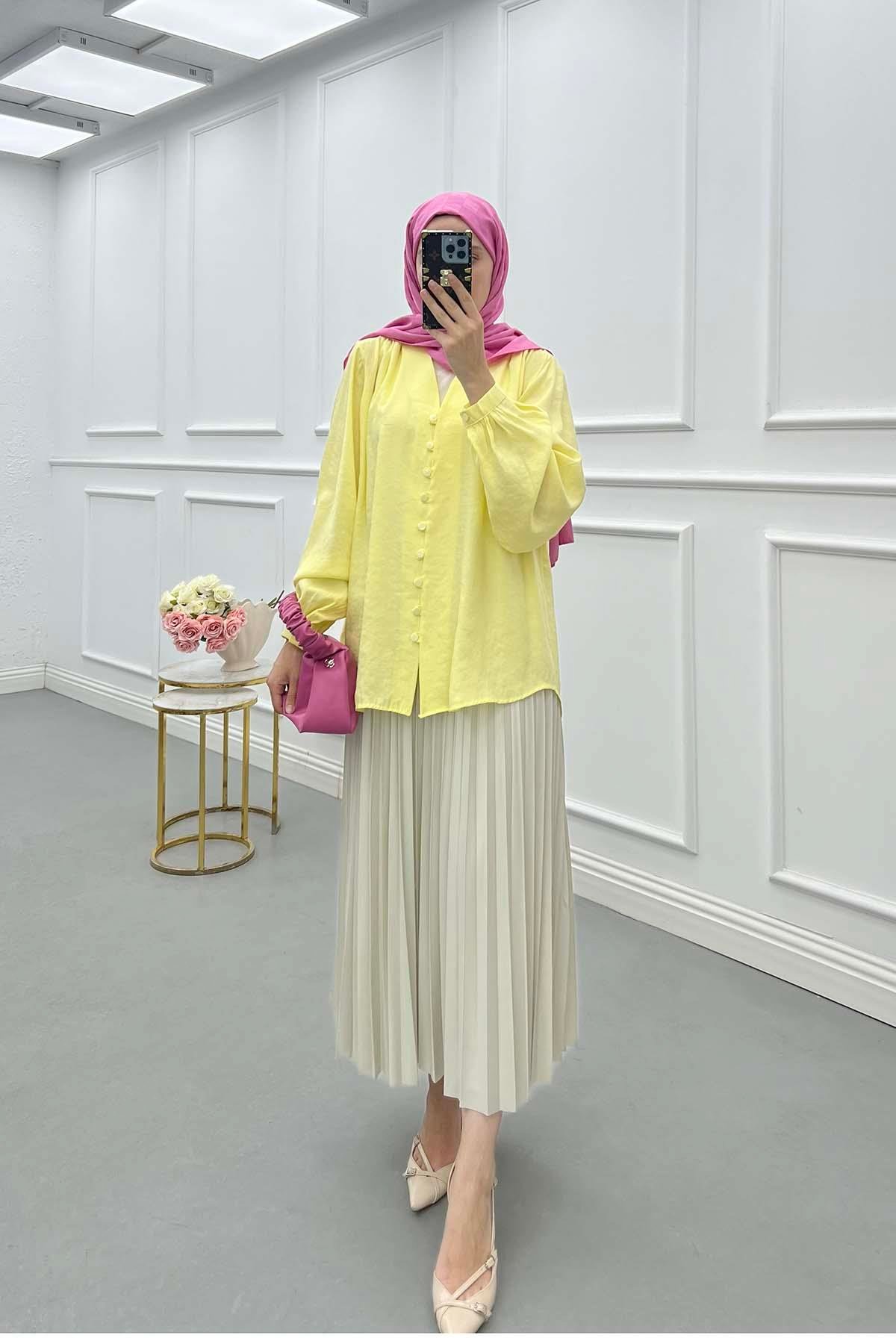 Sare Fashion Button Detailed Tencel Shirt Yellow