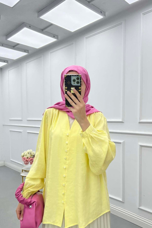 Sare Fashion Button Detailed Tencel Shirt Yellow