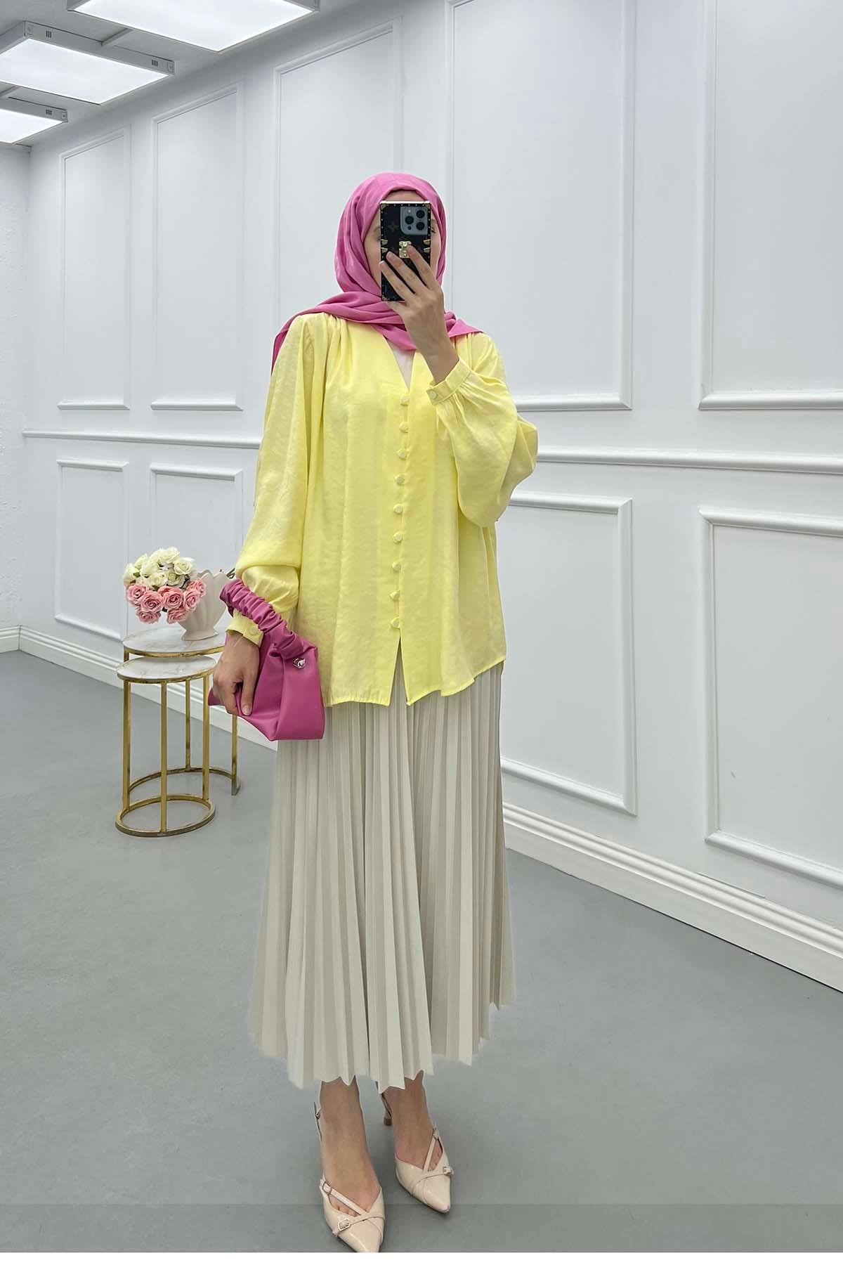 Sare Fashion Button Detailed Tencel Shirt Yellow