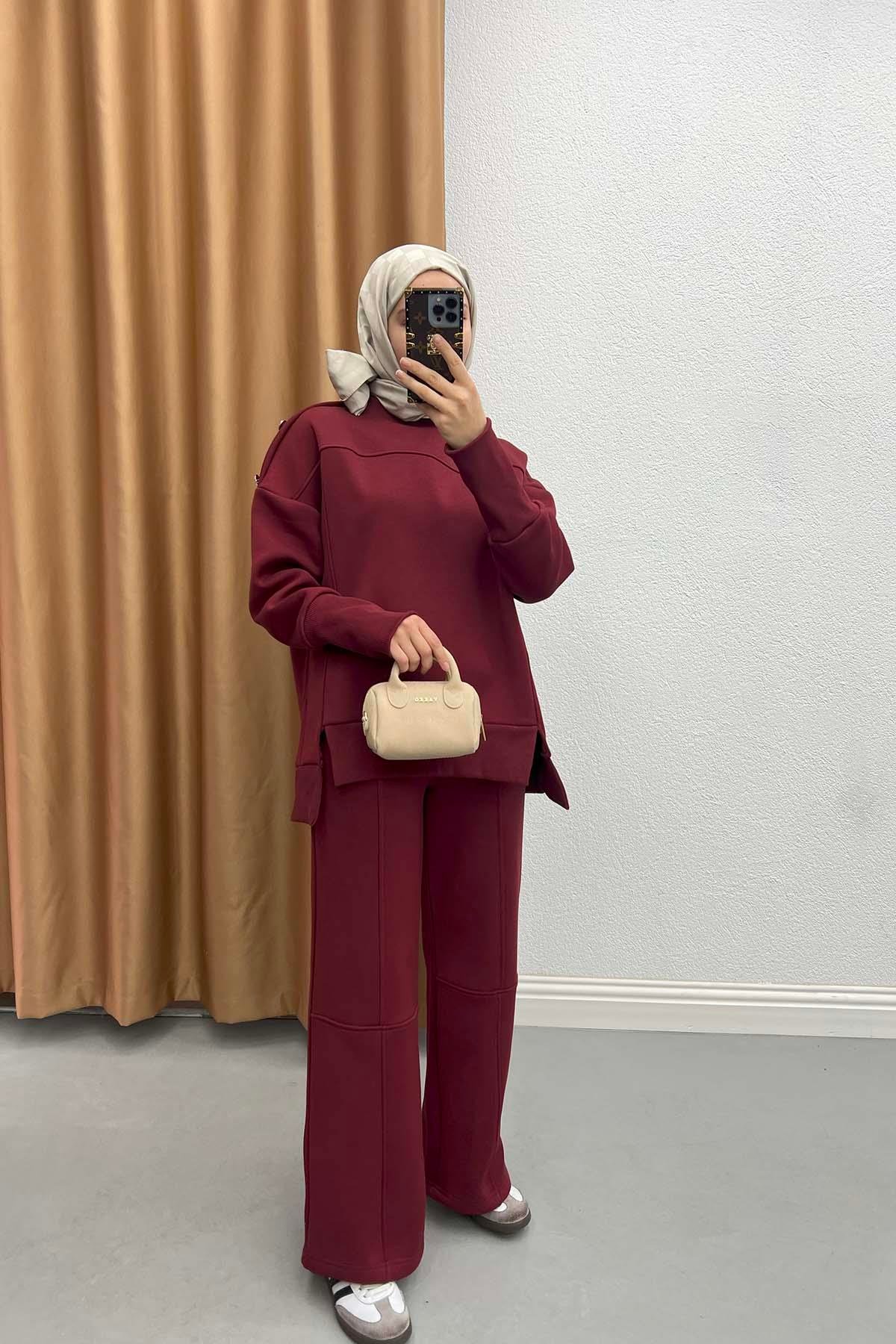 Button Detailed Three Thread Suit Claret Red