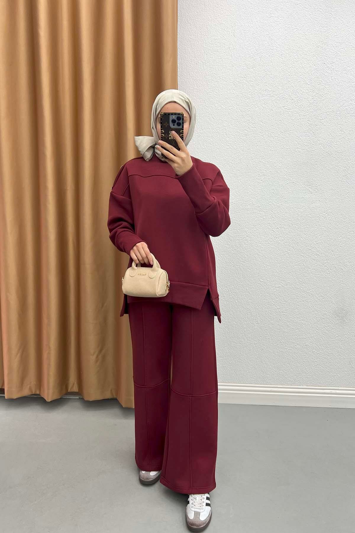 Button Detailed Three Thread Suit Claret Red