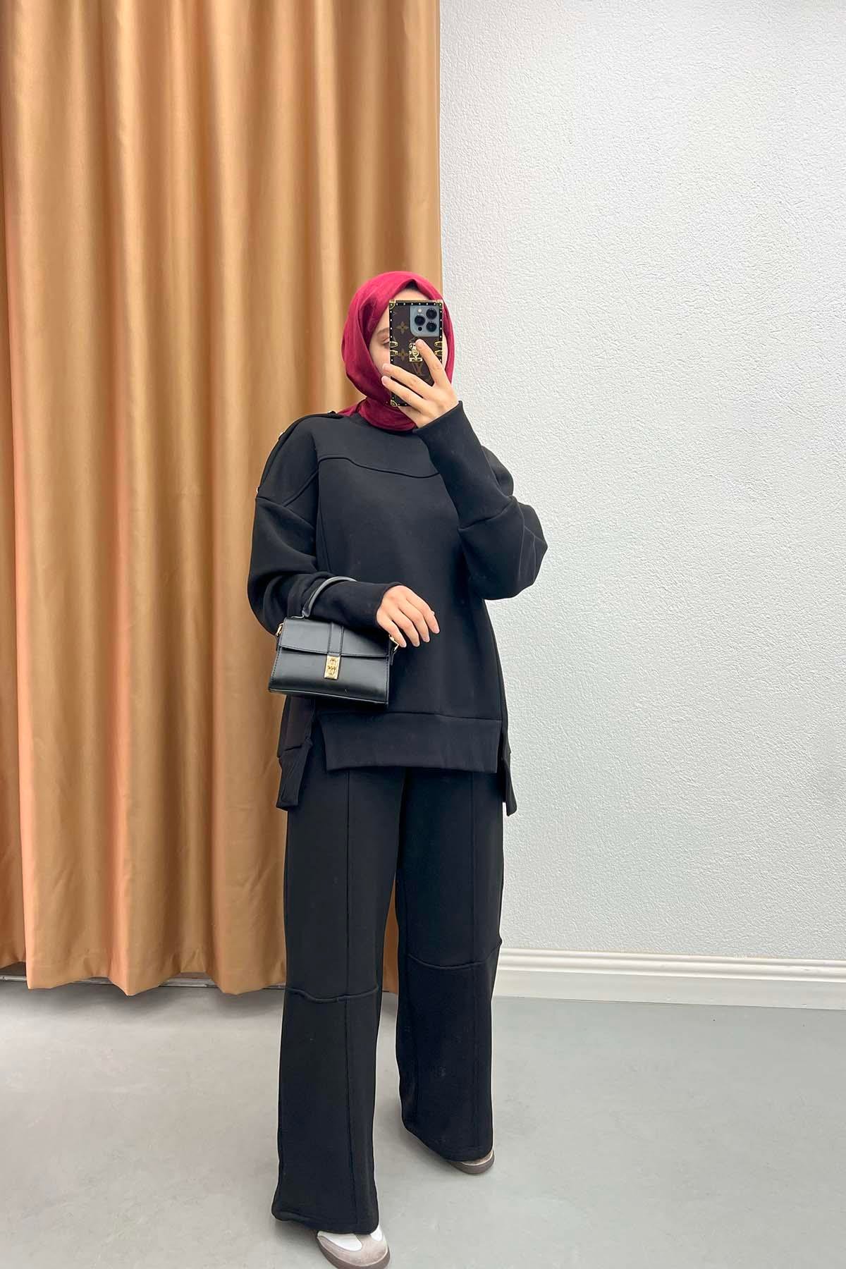 Button Detailed Three Thread Suit Black