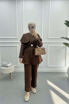Button Detailed Collar Suit Brown