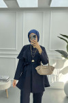 Button Detailed Collar Suit Navy Blue