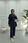 Button Detailed Collar Suit Navy Blue