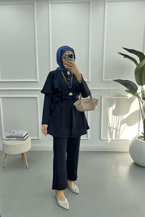 Button Detailed Collar Suit Navy Blue
