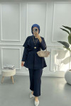 Button Detailed Collar Suit Navy Blue