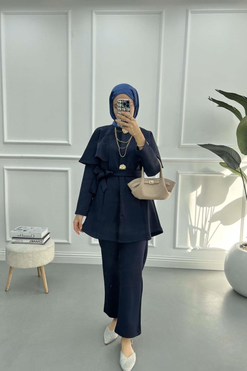 Button Detailed Collar Suit Navy Blue