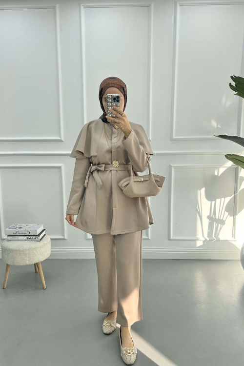 Button Detailed Collar Suit Mink