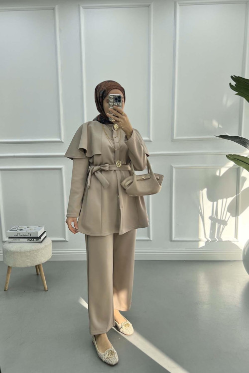 Button Detailed Collar Suit Mink