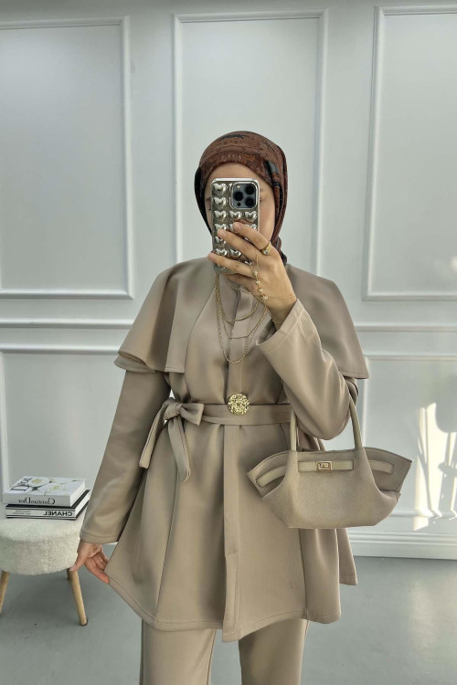 Button Detailed Collar Suit Mink