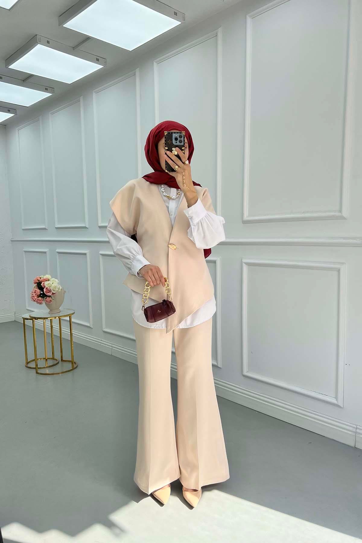 Sare Fashion Button Detailed Vest and Trouser Set Beige