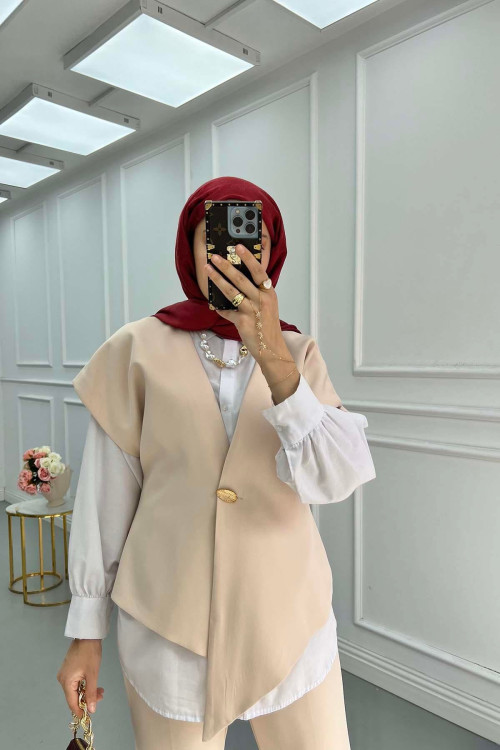 Sare Fashion Button Detailed Vest and Trouser Set Beige
