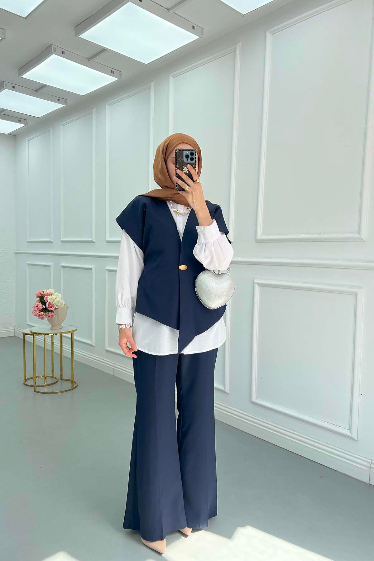 Sare Fashion Button Detailed Vest Trouser Suit Navy Blue
