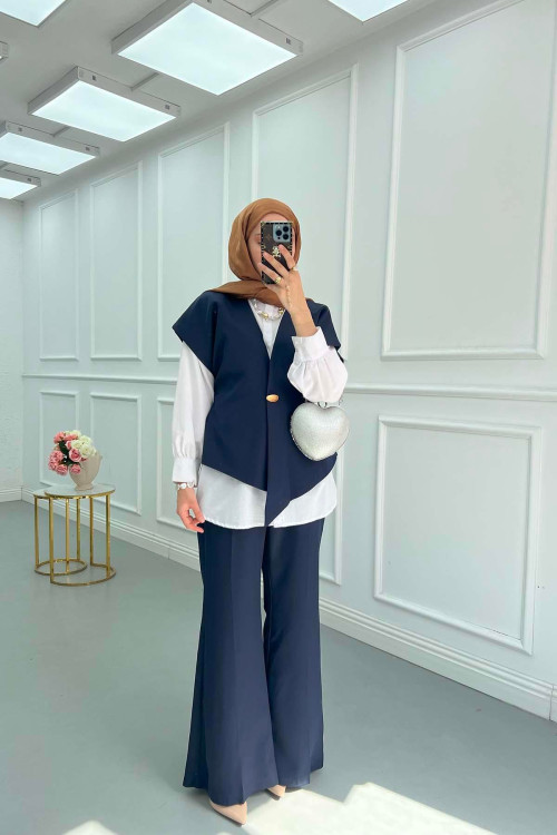 Sare Fashion Button Detailed Vest Trouser Suit Navy Blue