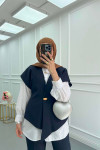 Sare Fashion Button Detailed Vest Trouser Suit Navy Blue
