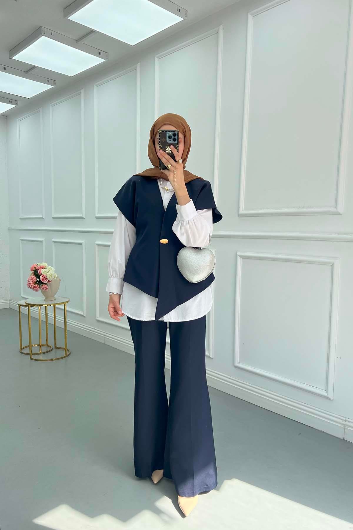 Sare Fashion Button Detailed Vest Trouser Suit Navy Blue