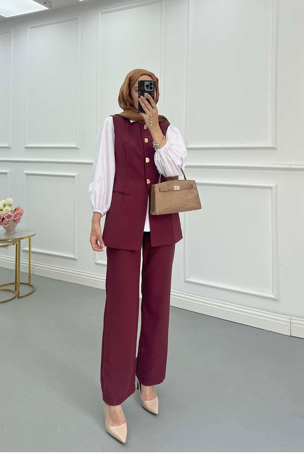 Sare Fashion Button Detailed Vest Set Burgundy
