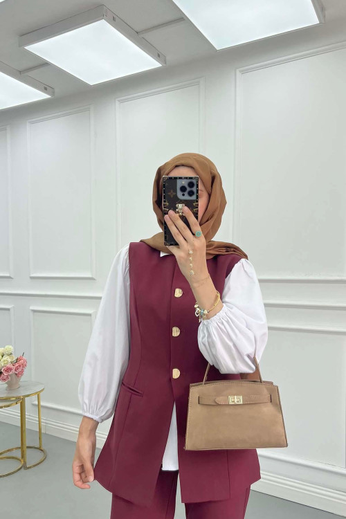 Sare Fashion Button Detailed Vest Set Burgundy