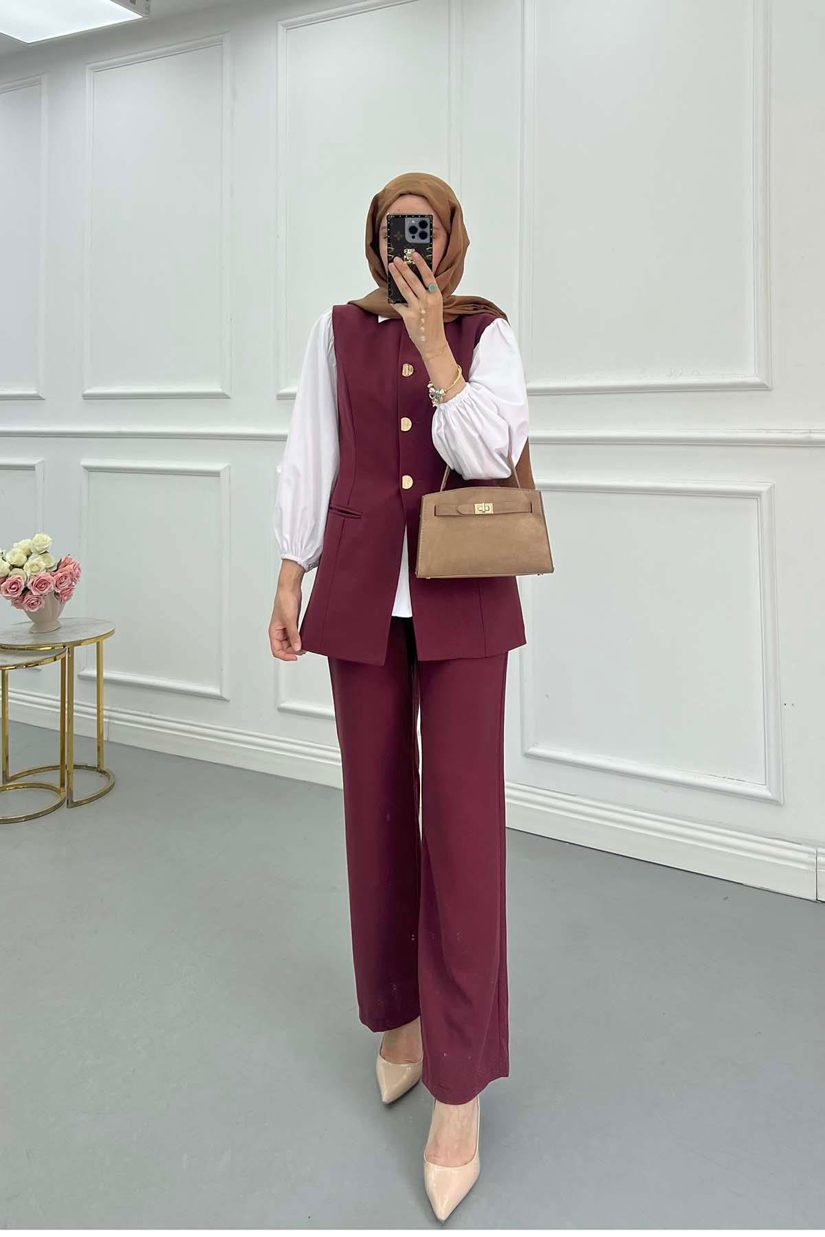 Sare Fashion Button Detailed Vest Set Burgundy