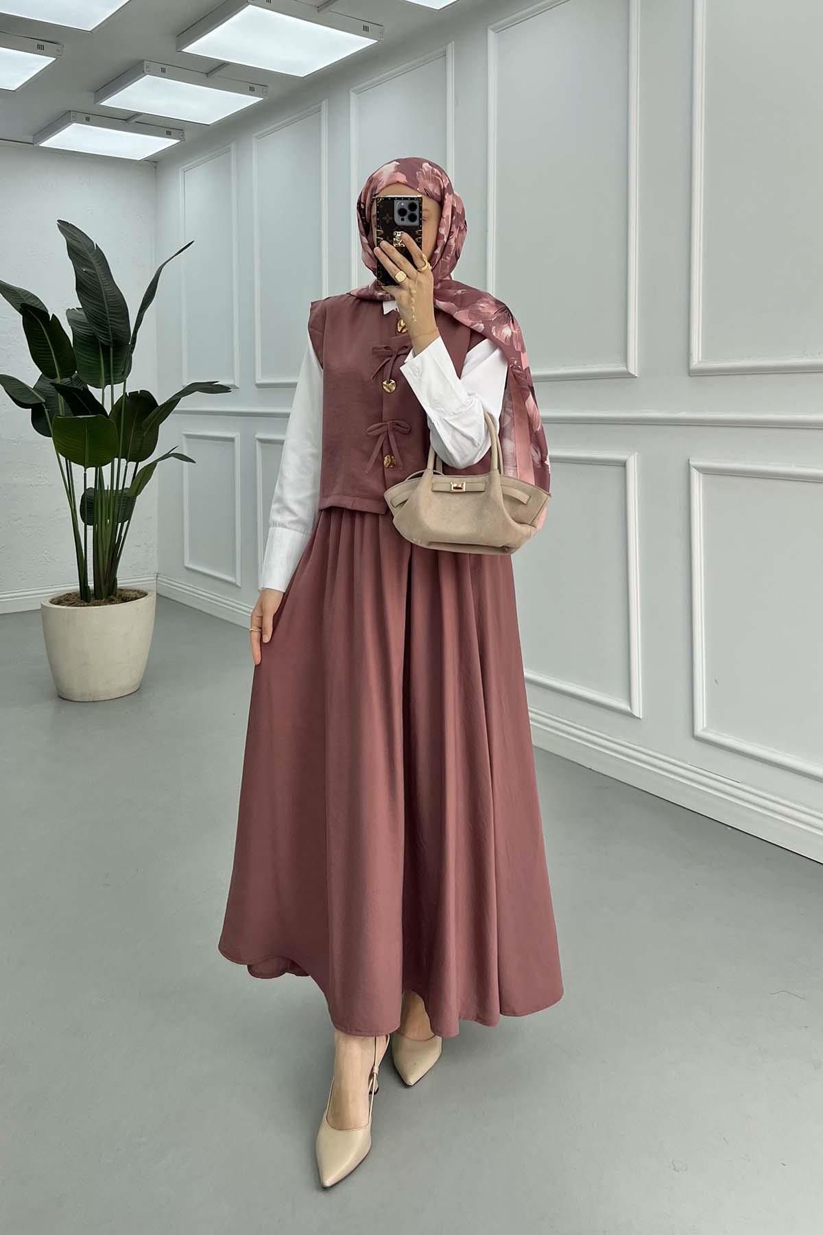 Sare Fashion Button and Bow Detailed Three Piece Set Dusty Rose
