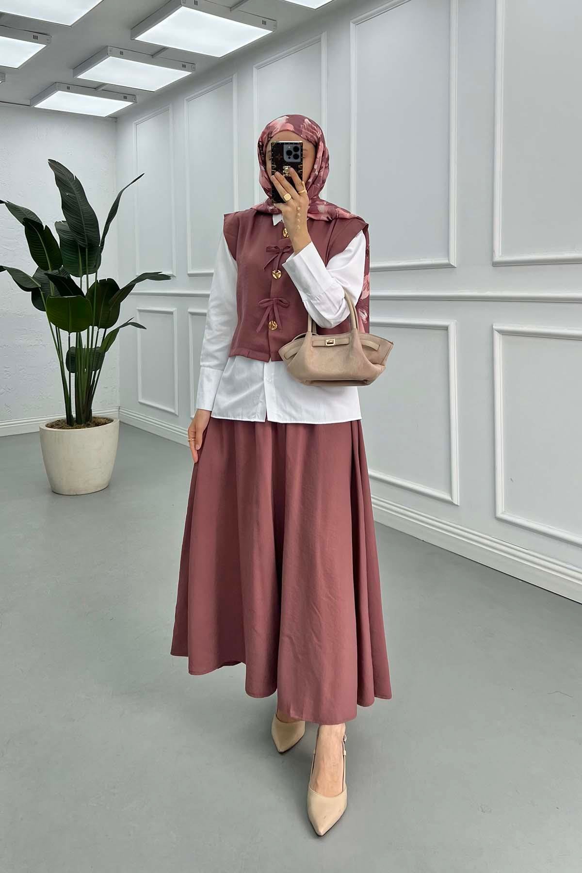 Sare Fashion Button and Bow Detailed Three Piece Set Dusty Rose