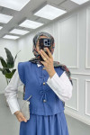 Sare Fashion Button and Bow Detailed Three Piece Suit Indigo
