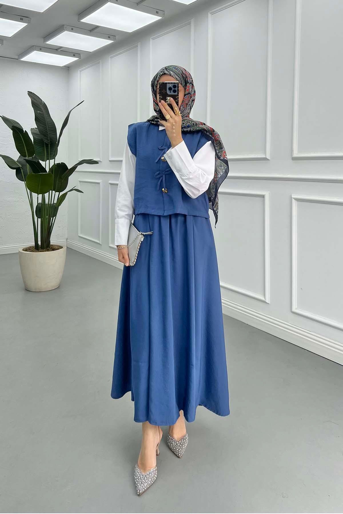 Sare Fashion Button and Bow Detailed Three Piece Suit Indigo