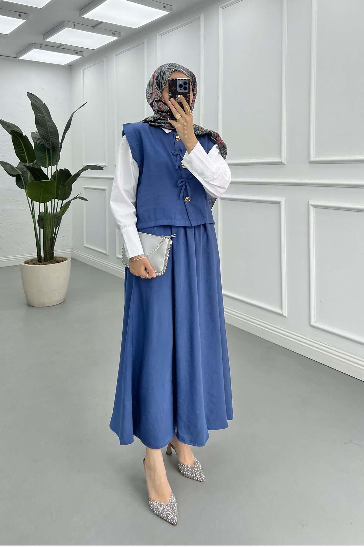 Sare Fashion Button and Bow Detailed Three Piece Suit Indigo