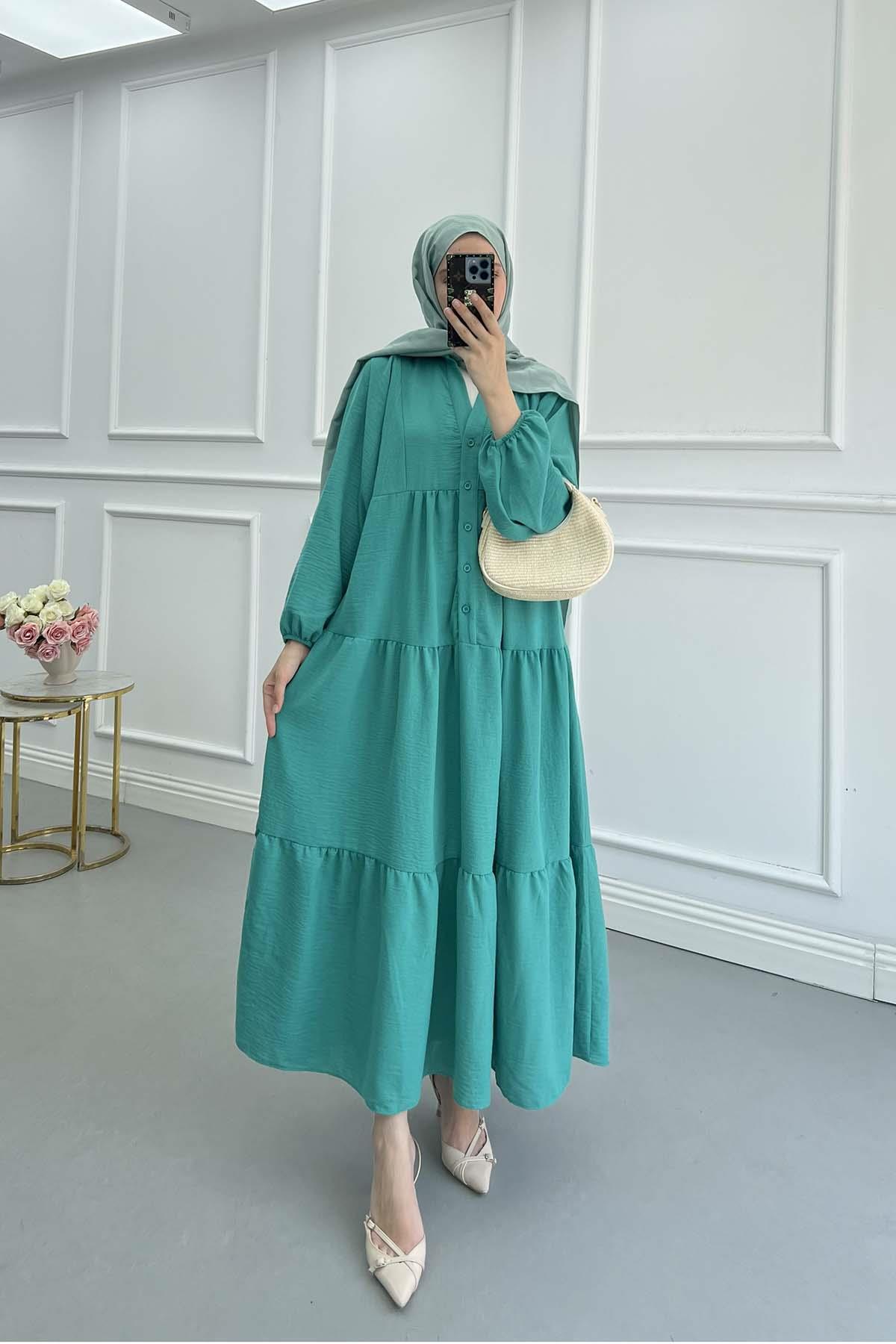 Sare Fashion Buttoned Modal Dress Green