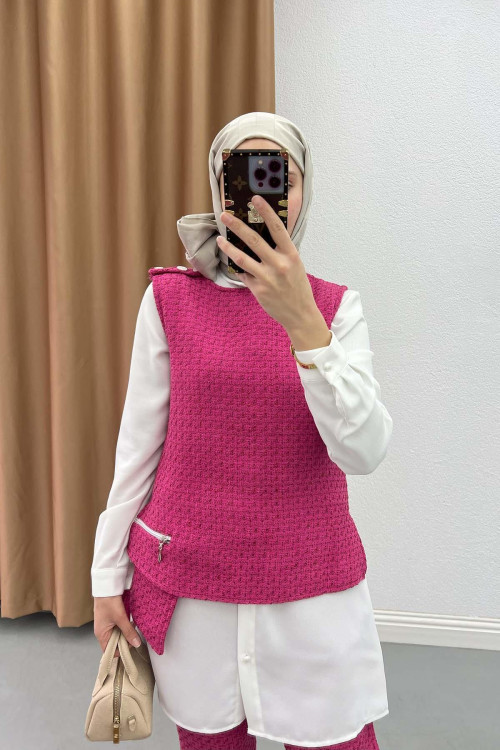 Buttoned Tweed Suit Fuchsia