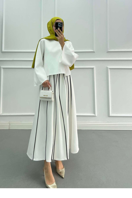 Sare Fashion Scuba Suit with Piping Skirt White Sare Fashion Scuba Suit with Piping Skirt White