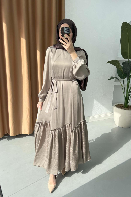 Sare Fashion Patterned Skirted Tie Dress Beige