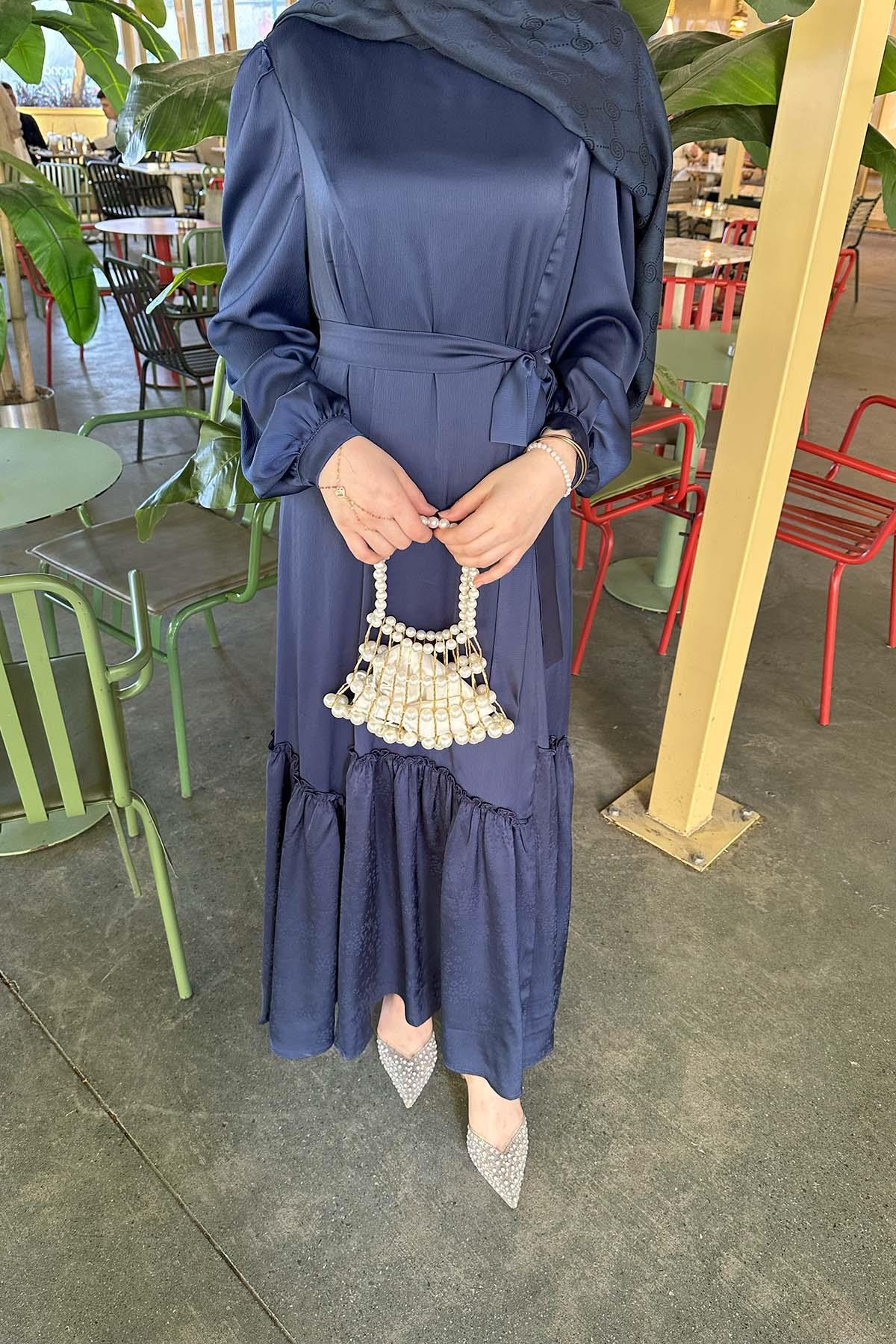 Sare Fashion Patterned Tied Skirt Dress Navy Blue