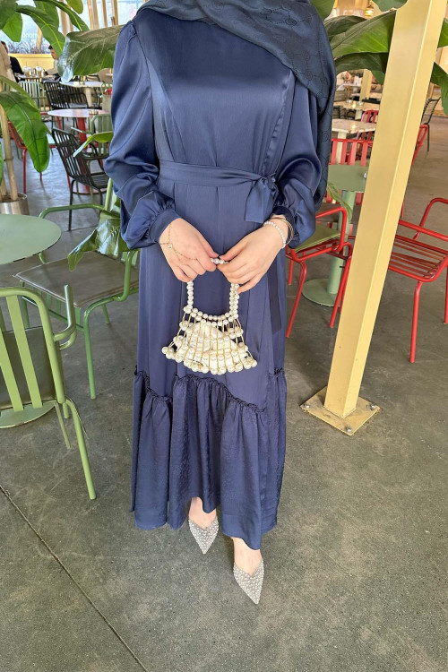 Sare Fashion Patterned Tied Skirt Dress Navy Blue