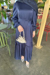 Sare Fashion Patterned Tied Skirt Dress Navy Blue